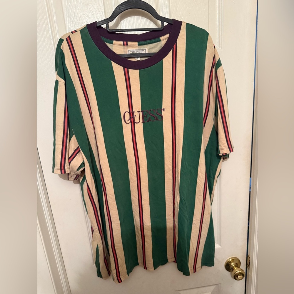 Vintage GUESS Men's Green Striped Shirt